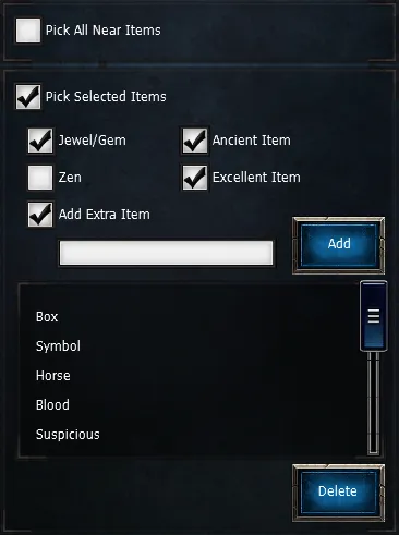 Itens selecionados do MU Helper